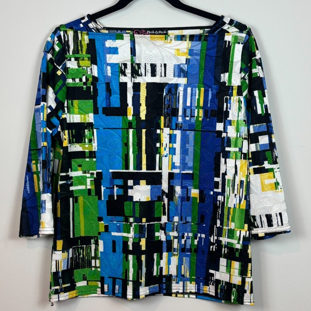 Peck &‎ Peck Womens Blue Green Abstract 3/4 Sleeve Stretch Top SZ Petite XL